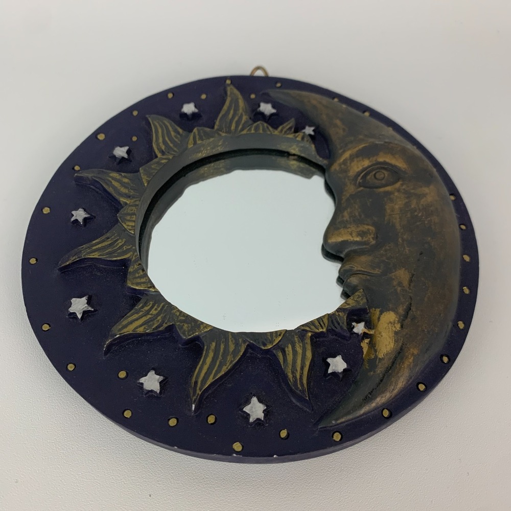 Celestial Sun Moon Face Mirror Vintage 90s 5.5" Whimsygoth Stars Blue Gold